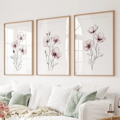Floral Minimalist Art Posters. 3 Piece Wall Decor