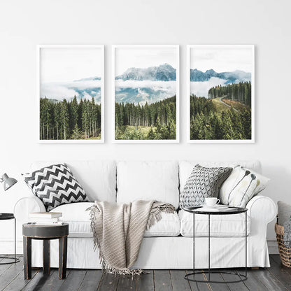 Green Pine Tree Forest. Blue Foggy Mountains. Set of 3 Prints