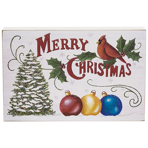 Merry Christmas Cardinal, Tree & Ornaments Box Sign