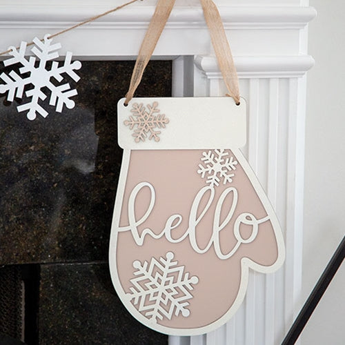 Glittered Hello & Snowflakes Mitten Sign