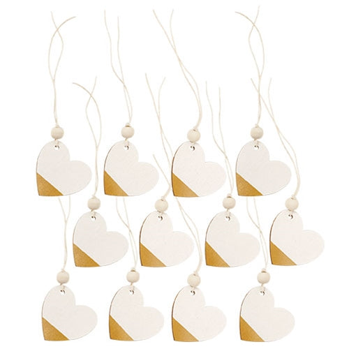 12/Set - Gold & Cream Wooden Heart Tags