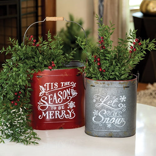 2/Set, Tis the Season & Let It Snow Distressed Oval Metal Buckets