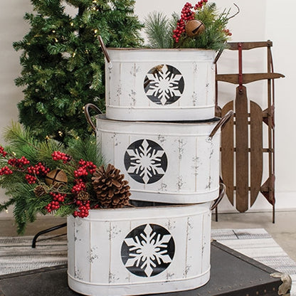 3/Set - Distressed White Snowflake Oval Metal Buckets