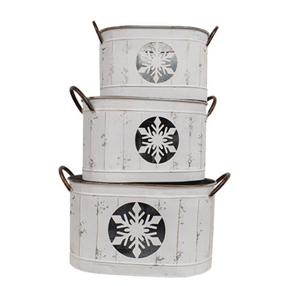 3/Set - Distressed White Snowflake Oval Metal Buckets