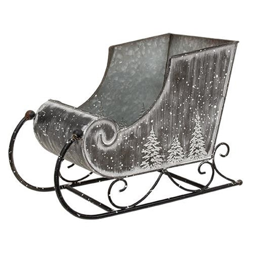 Embossed Snowy Pine Tree Metal Sleigh, Small