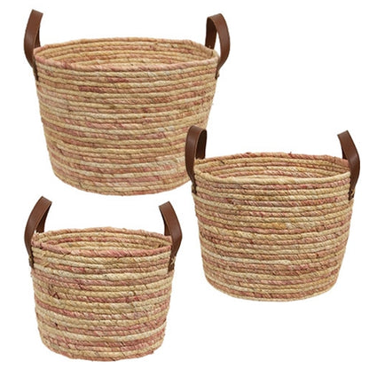 3/Set - Woven Natural and Rose Seagrass Baskets