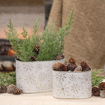 2/Set, Distressed White Metal Oval Buckets w/Gold Embossed Snowflakes