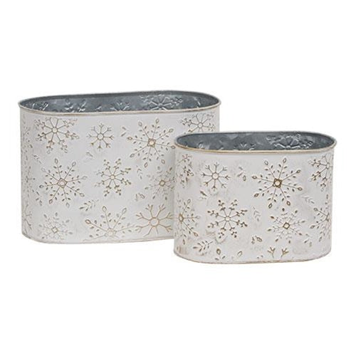 2/Set, Distressed White Metal Oval Buckets w/Gold Embossed Snowflakes