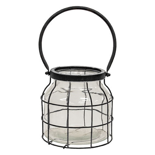 Large Glass Jar In Black Metal Carrier