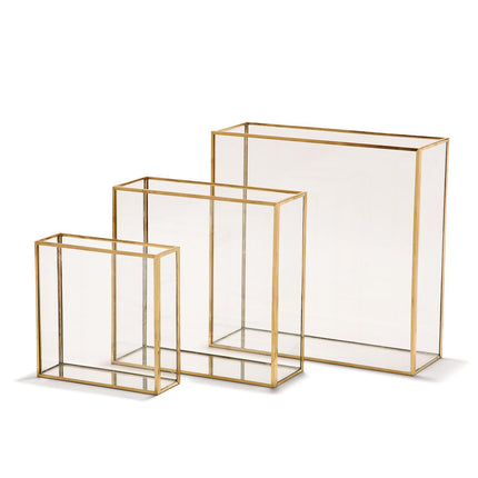 Windows Set of 3 Square Vase with Gold Metal Trim In 3 Sizes - Glass/Metal