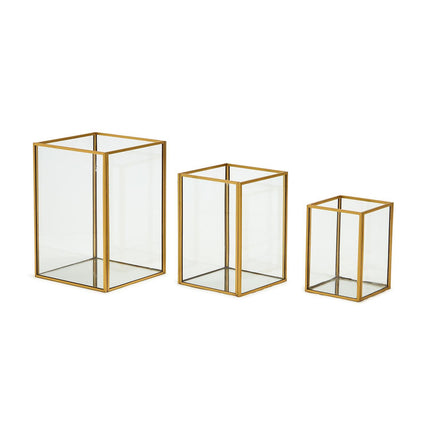 Rectangular Windows Set of 3 Vases/Candleholder In 3 Sizes - Glass/Metal