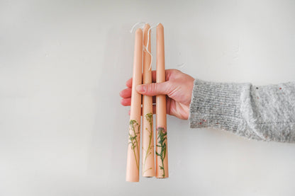 Floral Inlaid Tapered Candle in Cream - Set of 3