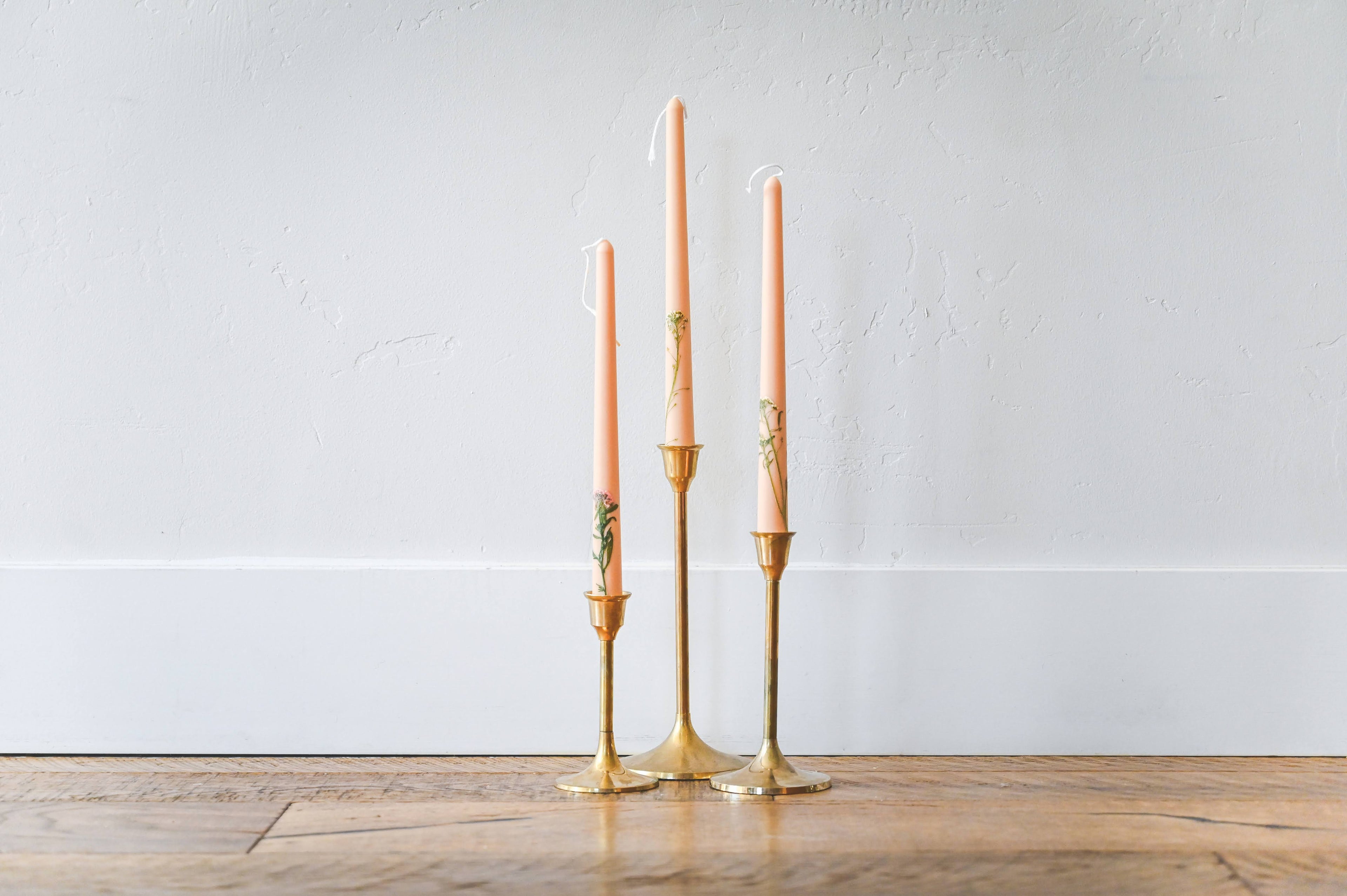 Floral Inlaid Tapered Candle in Cream - Set of 3