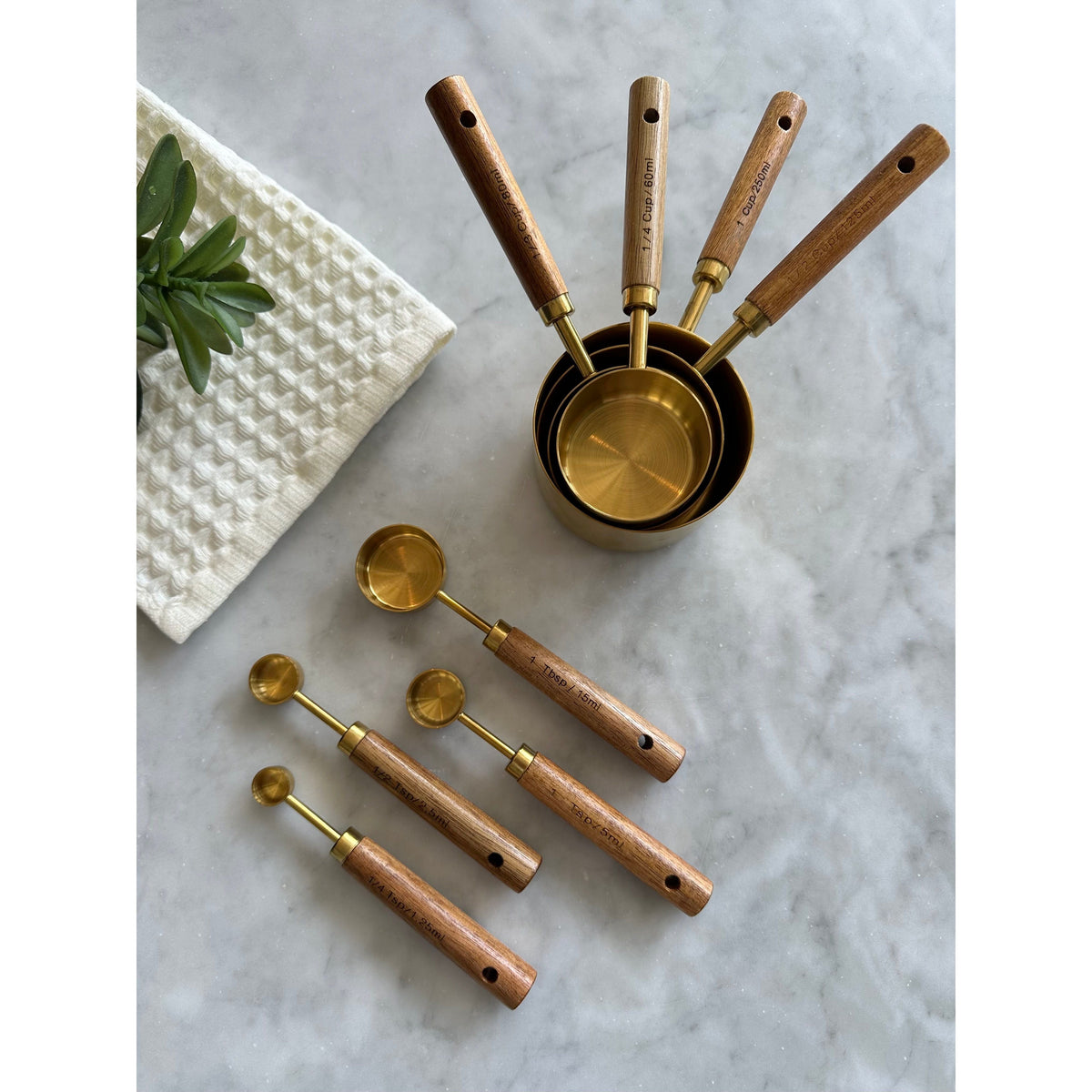 Acacia Wood and Gold Measuring Cups, Set of 8