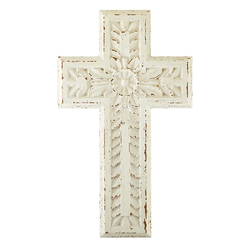 Wood Cross - White Carved