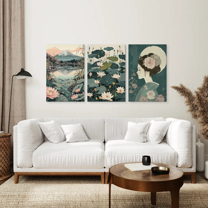 Japanese Nature Wall Art Set. Geisha Poster, Fuji Mountain