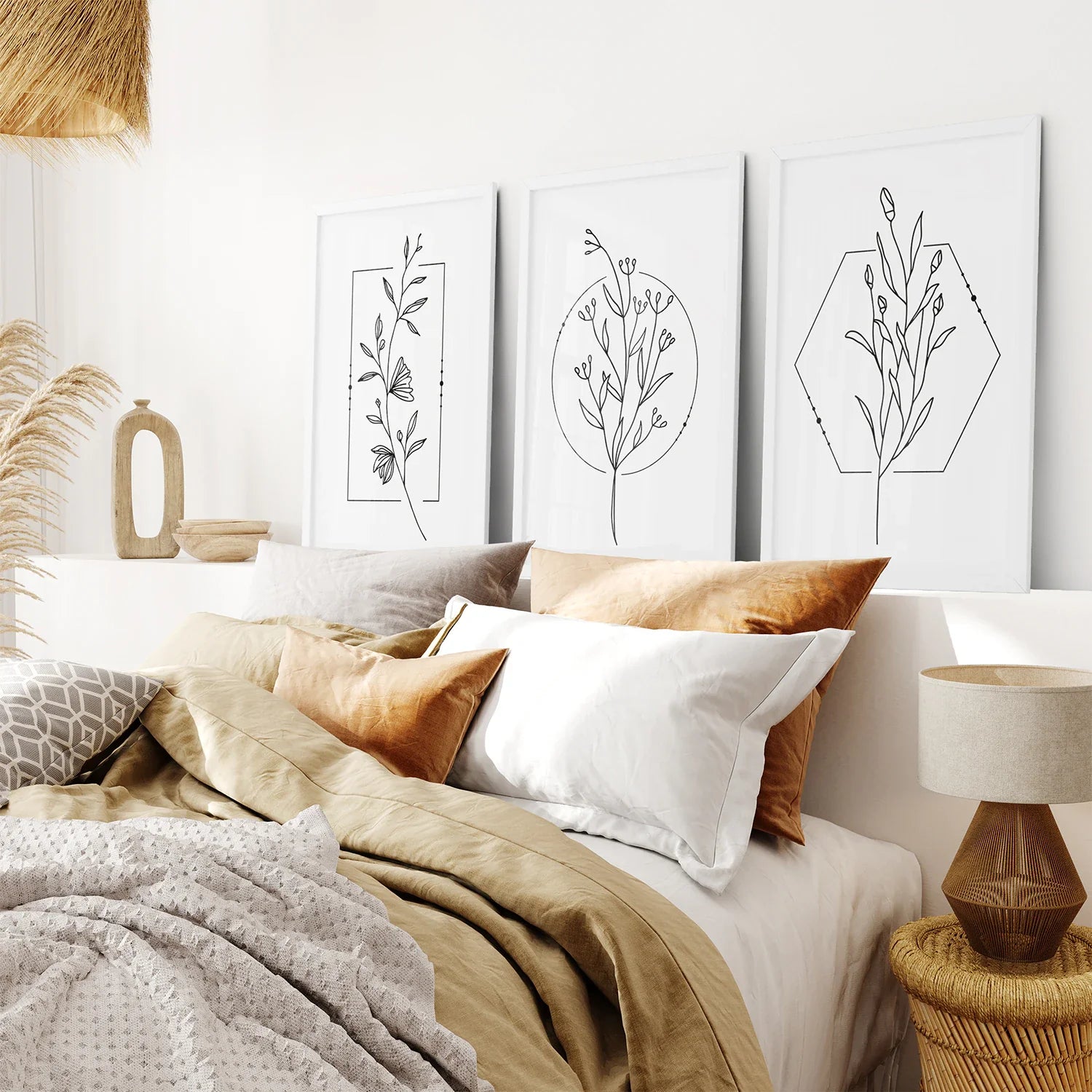 Minimal Flower Line Art: Black White Wall Art Set