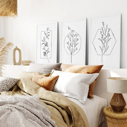 Minimal Flower Line Art: Black White Wall Art Set