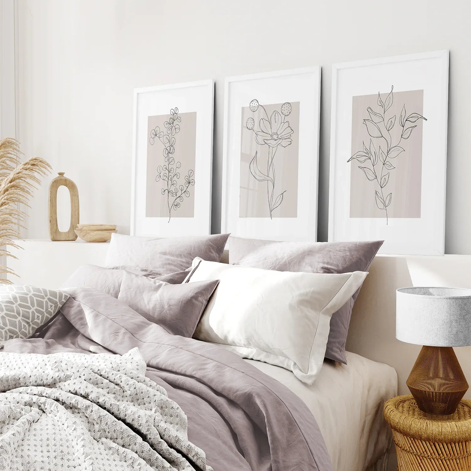 Pastel Botanical Wall Art Set of 3 Pieces. Gray and Beige