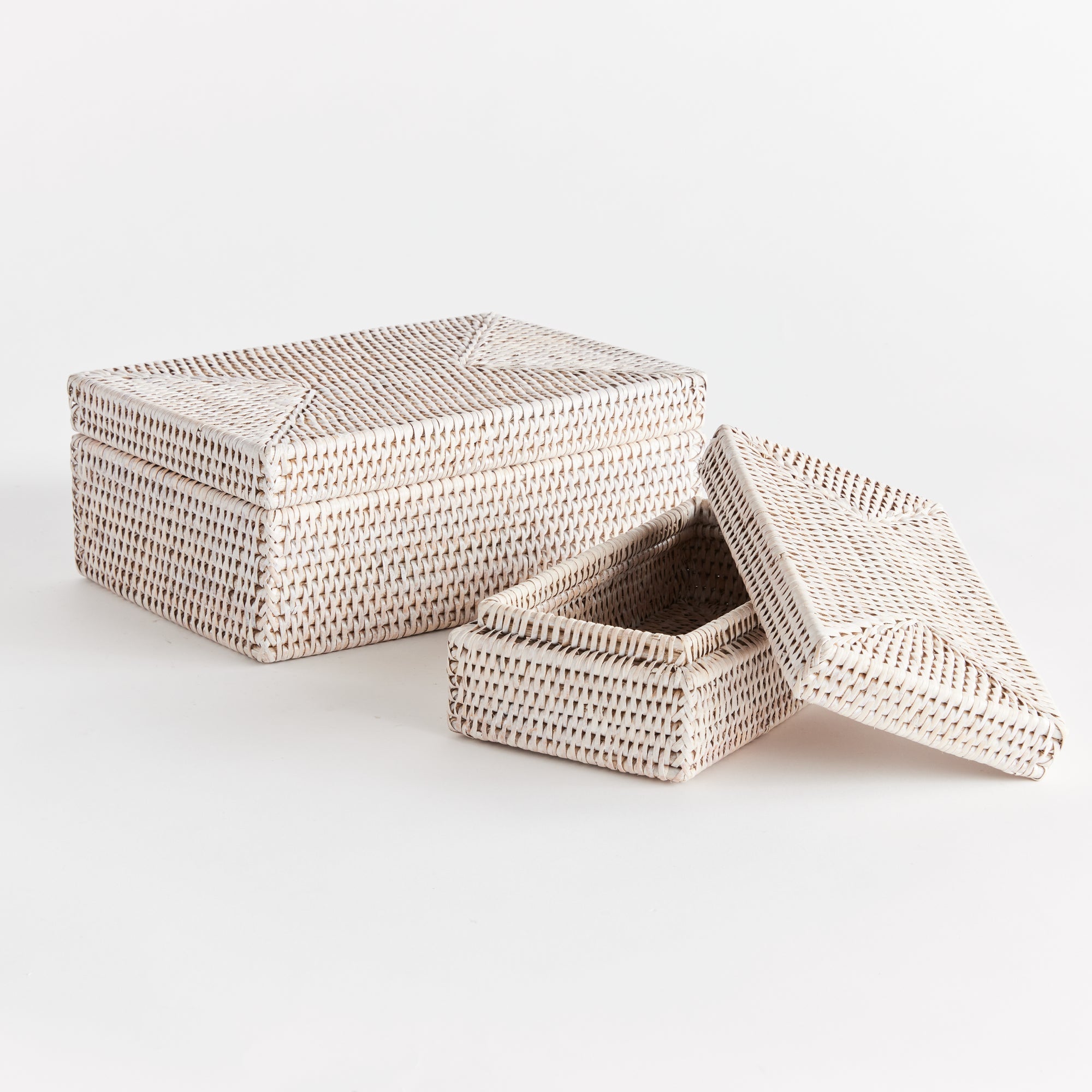 Burma Rattan Rectangular Lidded Boxes, Set of 2- Whitewash