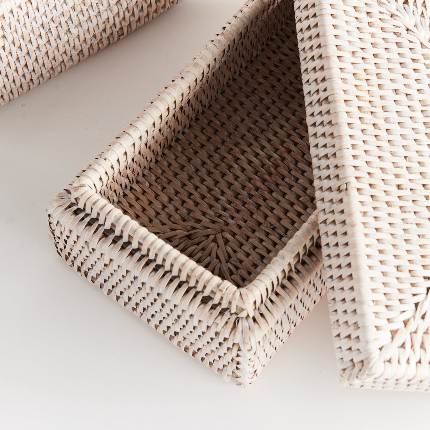 Burma Rattan Rectangular Lidded Boxes, Set of 2- Whitewash