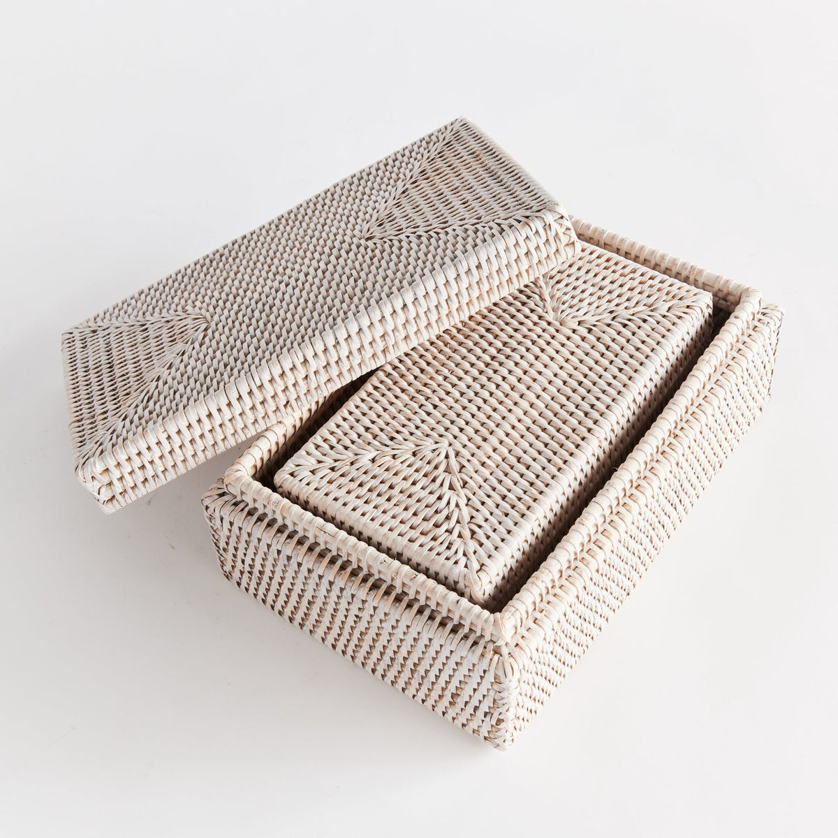 Burma Rattan Rectangular Lidded Boxes, Set of 2- Whitewash
