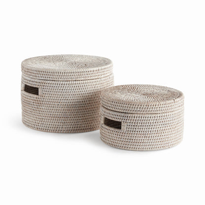 Burma Rattan Round Lidded Boxes, Set of 2- Graywash