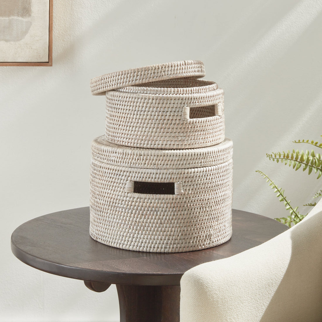 Burma Rattan Round Lidded Boxes, Set of 2- Graywash
