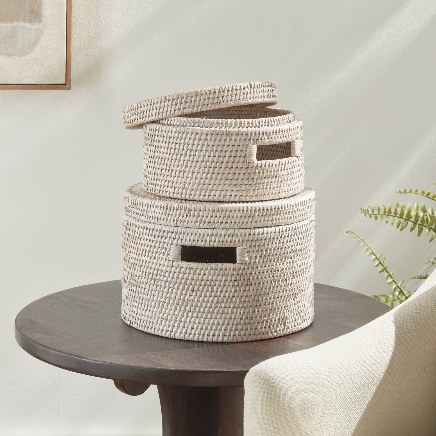 Burma Rattan Round Lidded Boxes, Set of 2- Graywash