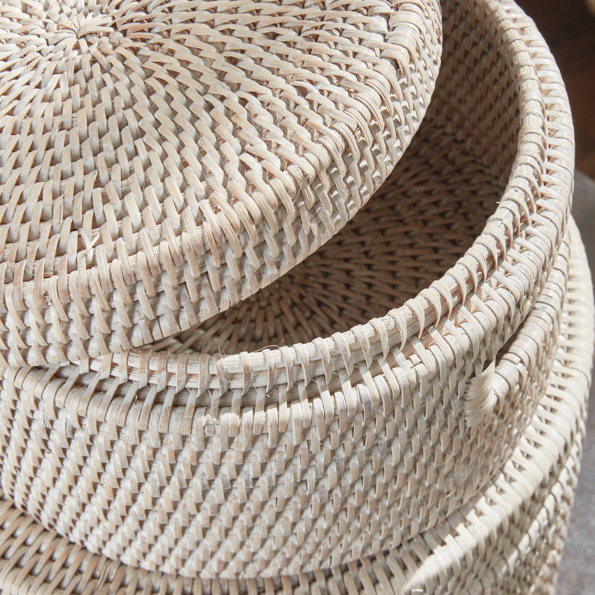 Burma Rattan Round Lidded Boxes, Set of 2- Graywash