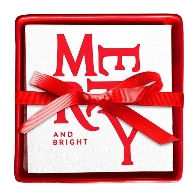 Ceramic Napkin Tray + Napkins - Merry + Bright