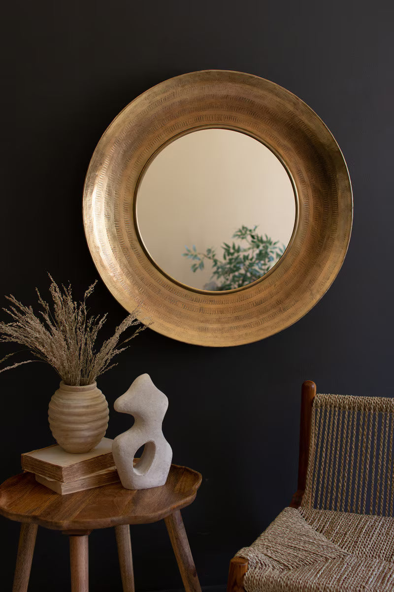 Round Hand-Hammered Antique Brass Framed Mirror