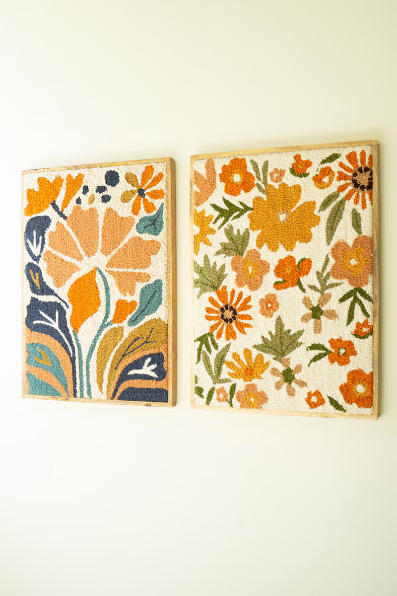 Set of 2 Framed Hand-Hooked Florals