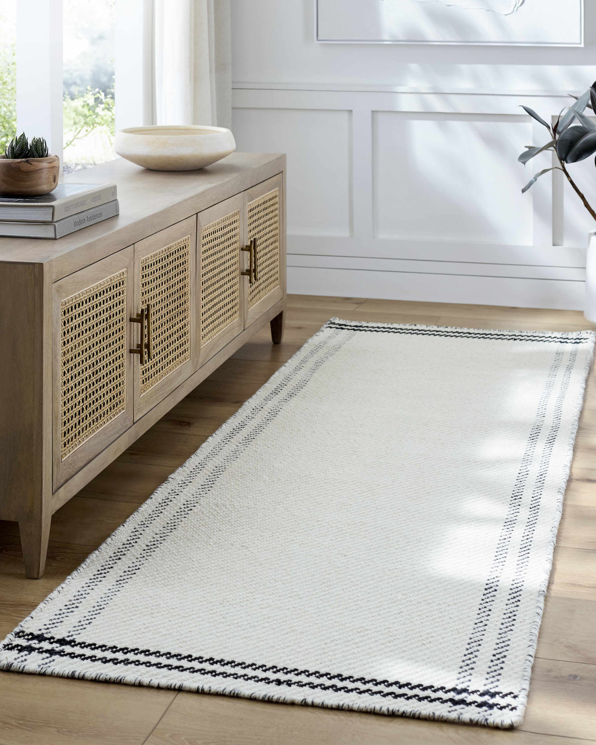Nimue Cream &amp; Blue Bordered Area Rug - Clearance