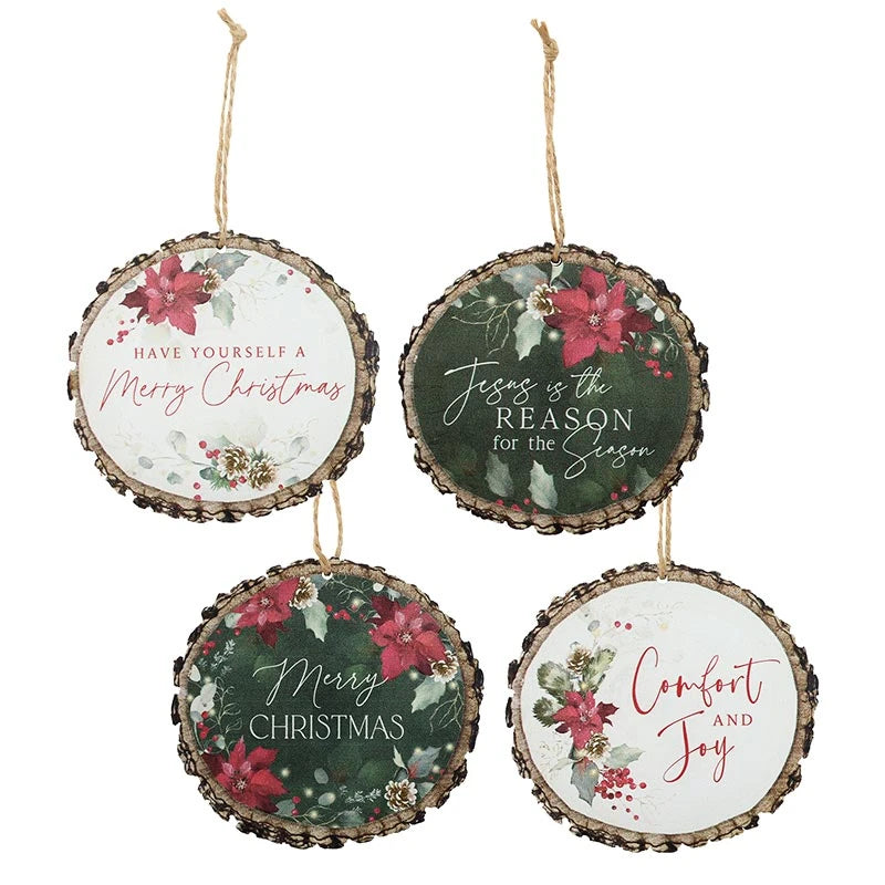 Christmas Poinsettia Wood Ornament Set - 4 Pack