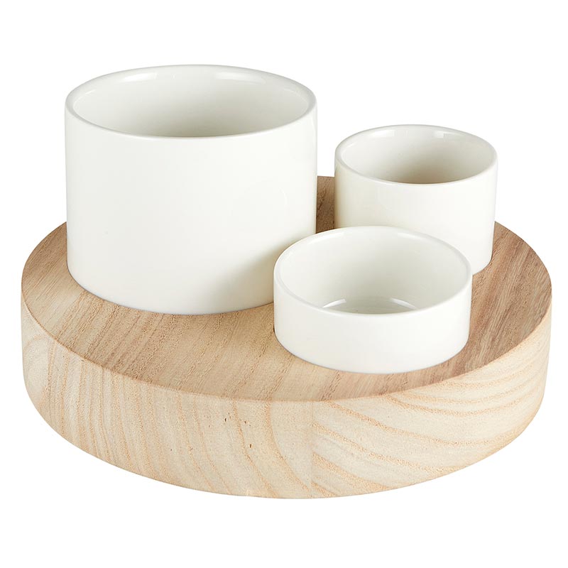 Trio Ceramic Bowls With Wood Base