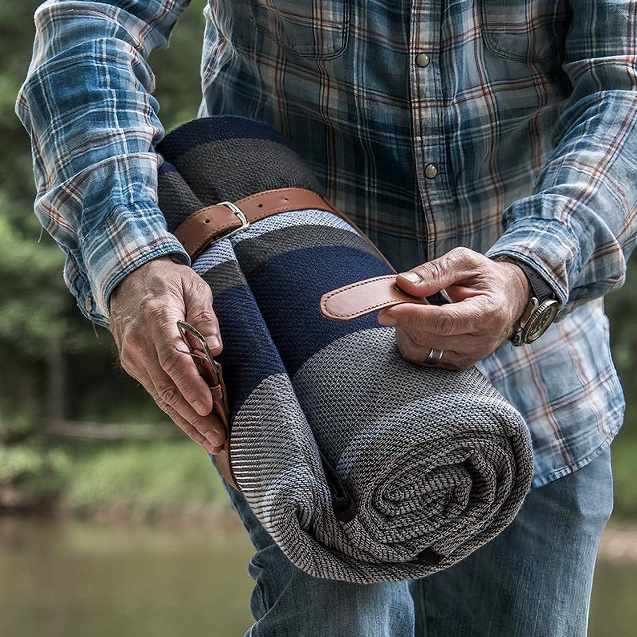 Fleece Blanket with Leather Tote Strap