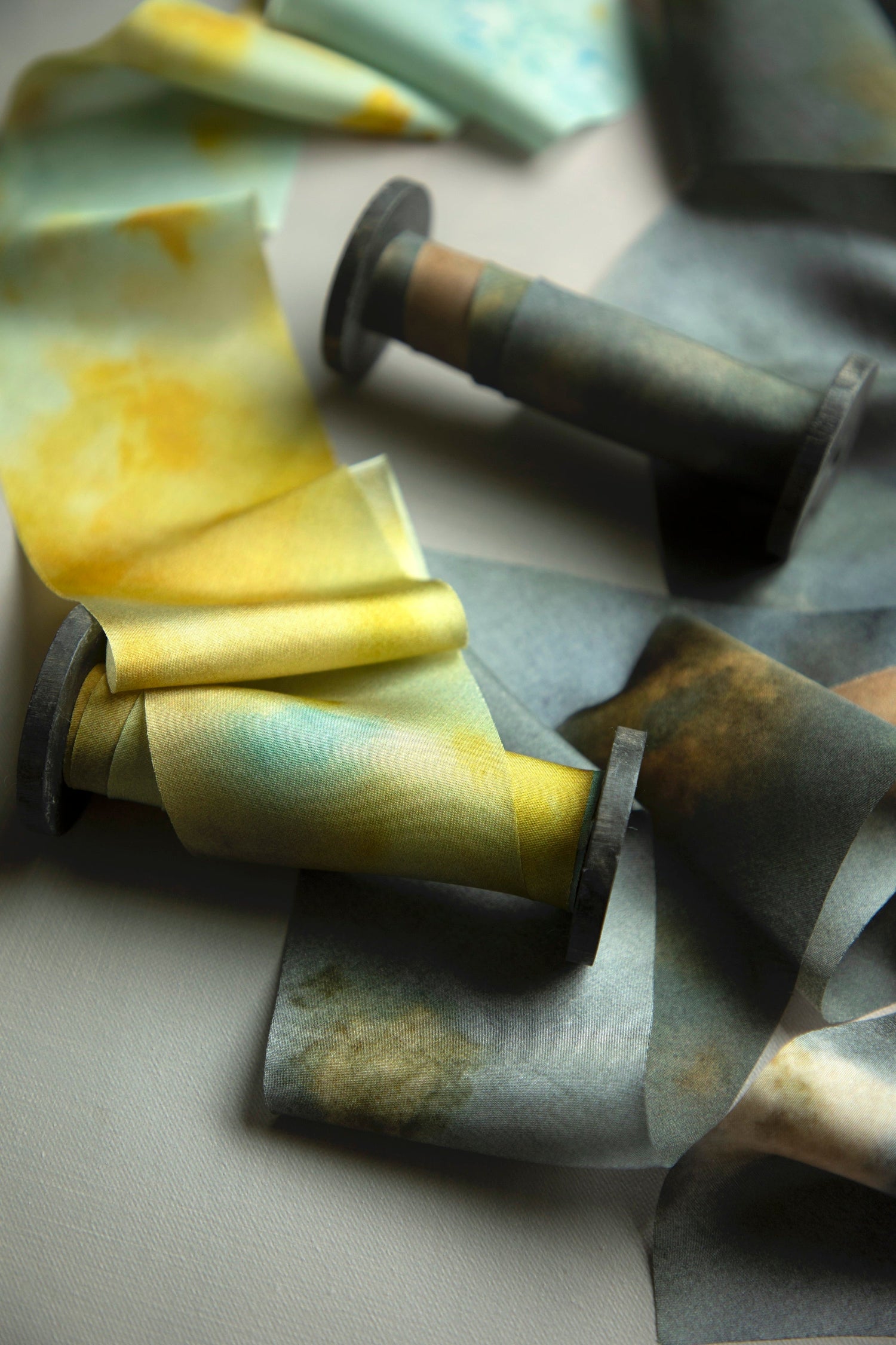 Teal Marigold Botanical Print Silk ribbon