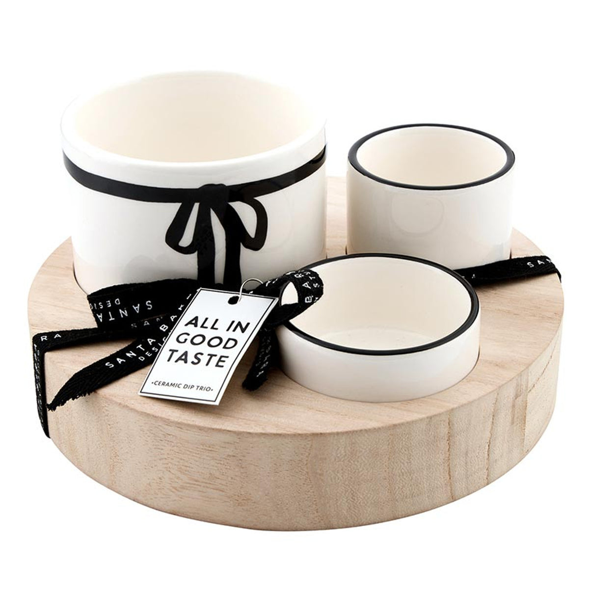 Trio Ceramic Bowls With Wood Base - Bow