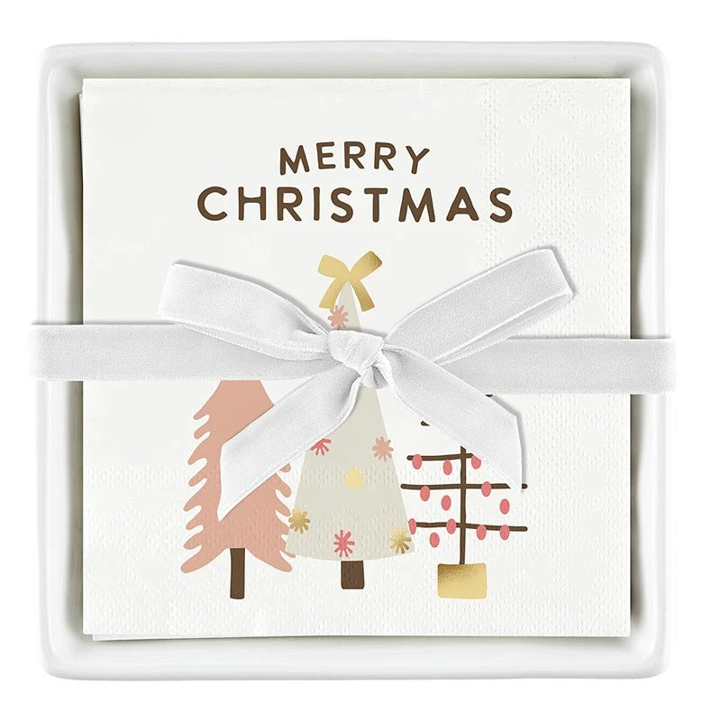 Ceramic Napkin Tray + Napkins - Blush Merry Christmas