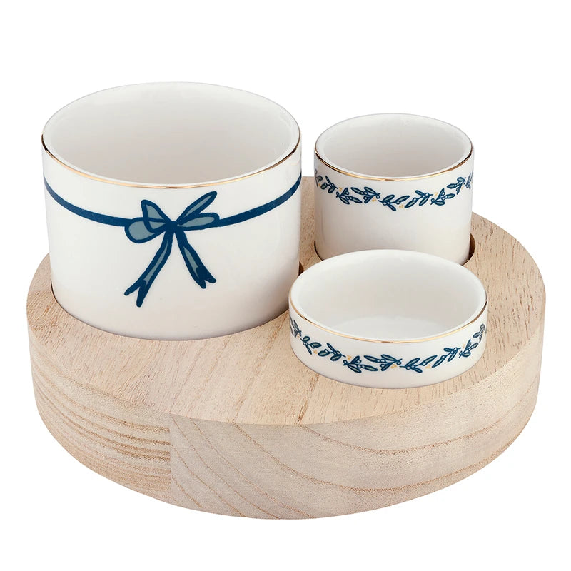 Trio Ceramic Bowls With Wood Base - Blue Bow