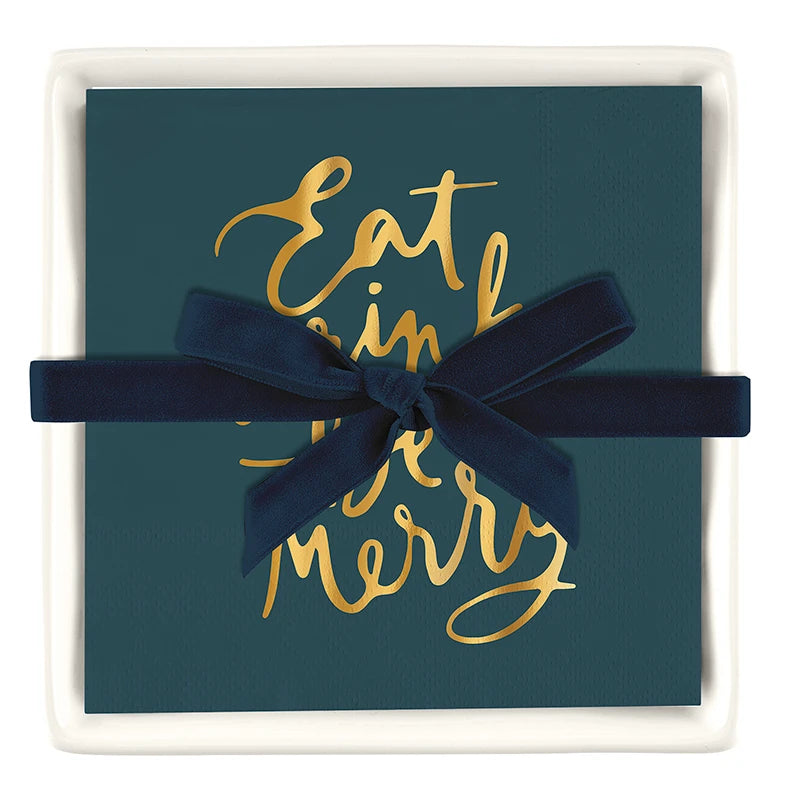 Ceramic Napkin Tray + Napkins - Eat Drink and be Merry