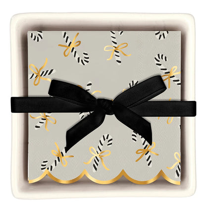 Ceramic Napkin Tray + Napkins - Candy Canes