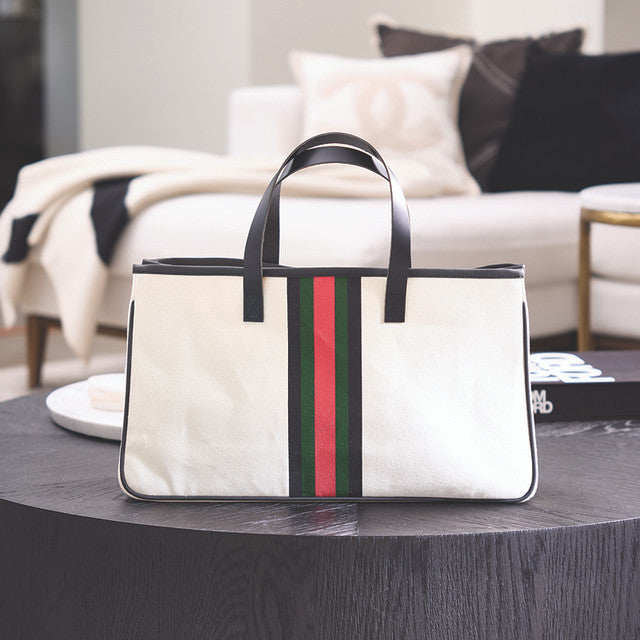 Racer Stripe Canvas Tote - Natural + Red Stripes