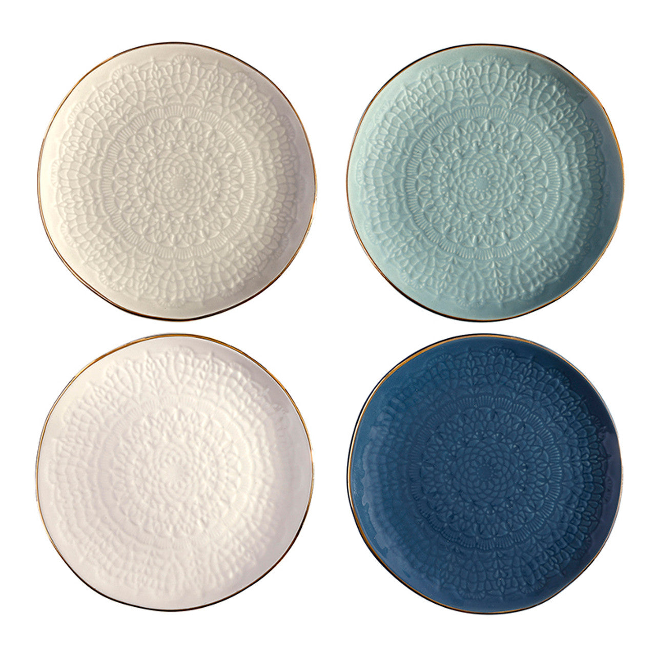 Blue Gold Rim Stamped Plates - Set of 4