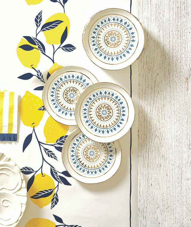 Ceramic Appetizer Plates - Printed Blue Pattern - Set of 4