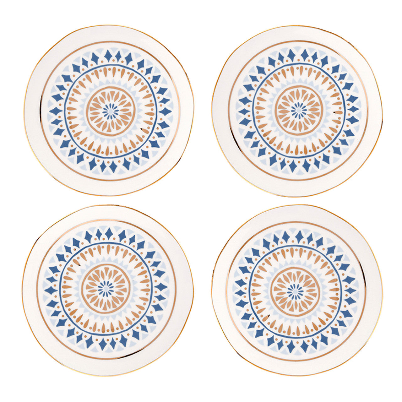 Ceramic Appetizer Plates - Printed Blue Pattern - Set of 4