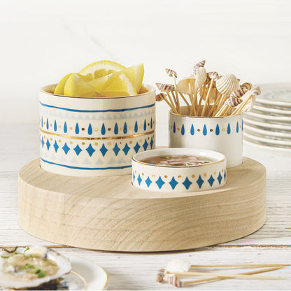 Trio Ceramic Bowls on Wood Base - Blue Pattern