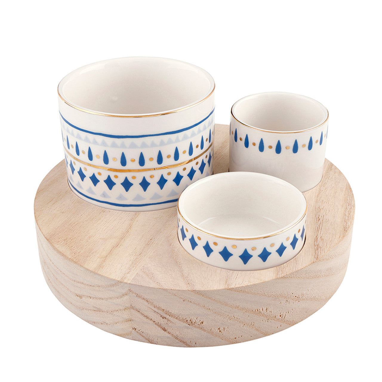 Trio Ceramic Bowls on Wood Base - Blue Pattern
