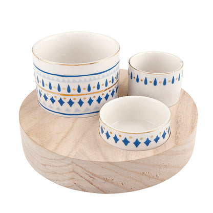 Trio Ceramic Bowls on Wood Base - Blue Pattern